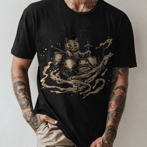 Rock On with This Cat Playing Drummer Tee - Music and Cat Lover&#39;s Shirt -Drummer Tee - Cat Lover Shirt - Playing Drummer Cat Graphic T-Shirt