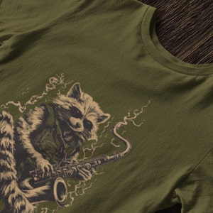 Raccoon Saxophonist T-Shirt - Fun Musician Raccoon Tee - Cool Animal Lover Graphic Shirt - Unique Musical Instrument Raccoon Top