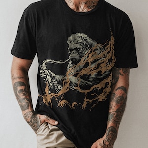 Jazzy Gorilla Saxophonist Tee | Musical Gorilla Shirt | Men&#39;s Gorilla Lover Tee | Music Lover Shirt | Funky Gorilla Shirt  | Animal Shirt
