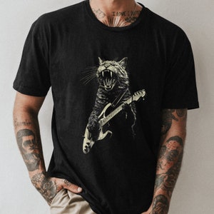 Cute Cat Playing Guitar T-Shirt - Fun Animal Music Tee - Unique Guitarist Cat Shirt for Music Lovers - Unisex Casual Wear