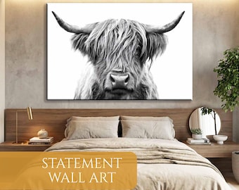 Highland Cow Black and White Canvas Art Print, Minimalist Home Decor