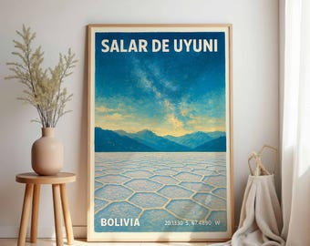 Poster Salar de Uyuni: vintage muurkunst Bolivia, reisposter zoutvlakte, cadeau