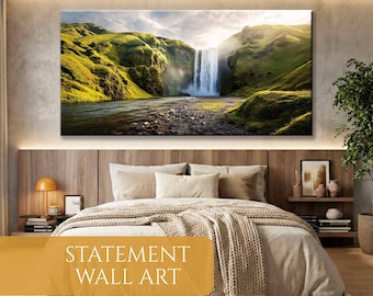 Skógafoss Wasserfall Panorama Leinwand Kunst, Island Natur Druck