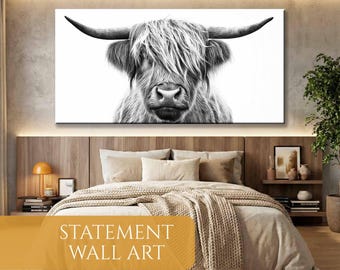 Highland Cow Black and White Canvas Art Print, Minimalist Home Decor