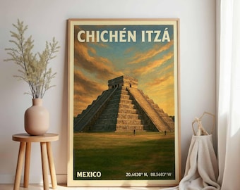 Chichen Itza Poster: Vintage Mexiko Wandkunst, Maya Pyramide Reise Print, Geschenk