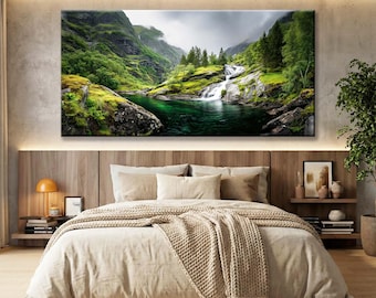 Skandinavisches Fjord Panorama, Leinwand Wand Kunst Druck, Nordisches Wohn Dekor