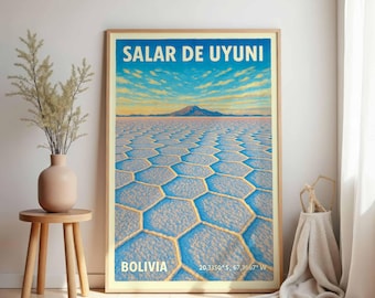 Poster Salar de Uyuni: vintage muurkunst Bolivia, reisposter zoutvlakte, cadeau