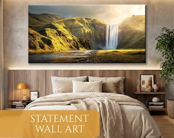 Skógafoss Wasserfall Panorama Leinwand Kunst, Island Natur Druck