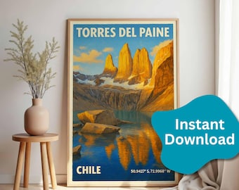 Torres del Paine Reise Poster – Patagonien Wand Art, Vintage National Park Druck, Wandern Adventure Decor, Chile Landschaft Poster