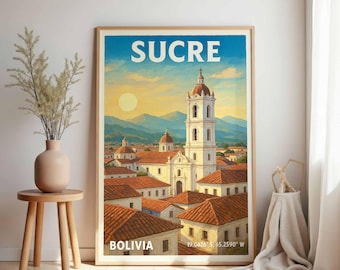 Sucre Poster: Vintage Bolivien Wandbild, Kolonialstadt Reise-Druck, Geschenk