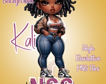 Arte de muñecas chibi de fashionista afroamericana, imágenes prediseñadas PNG (descarga digital)