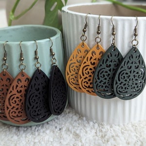 Floral Wooden Carved Earrings, Tear Drop Shaped Earrings