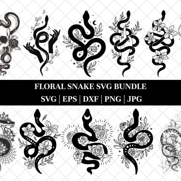 Floral Snake Svg Bundle, Celestial snake svg, Snake with flowers svg, Mystical snake svg, Snake design Svg, Cut Files For Cricut, Silhouette