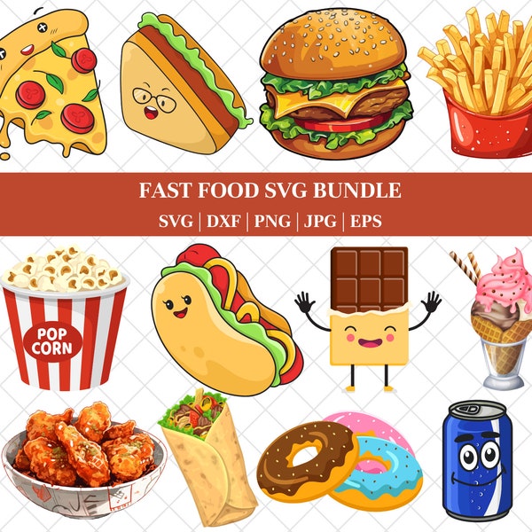 Junk Food Clipart Set, Fast Food Clipart Set, Burger PNG, Pizza PNG, Tacos png, Hotdog Sandwich png, Ice Cream png, Chocolate png, Donut PNG