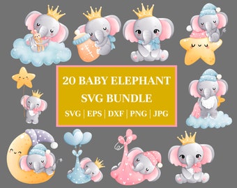 Bundle SVG bébé éléphant fichiers coupés en couches pour Cricut Silhouette Baby Shower clipart fille garçon chemise body grossesse PNG svg animal mignon