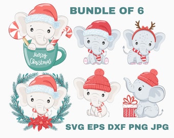 Christmas Elephant SVG layered cut file Elephant Girl with Santa hat Holiday Shirt Baby Bodysuit Cute Animal Silhouette Cricut Vinyl Iron on