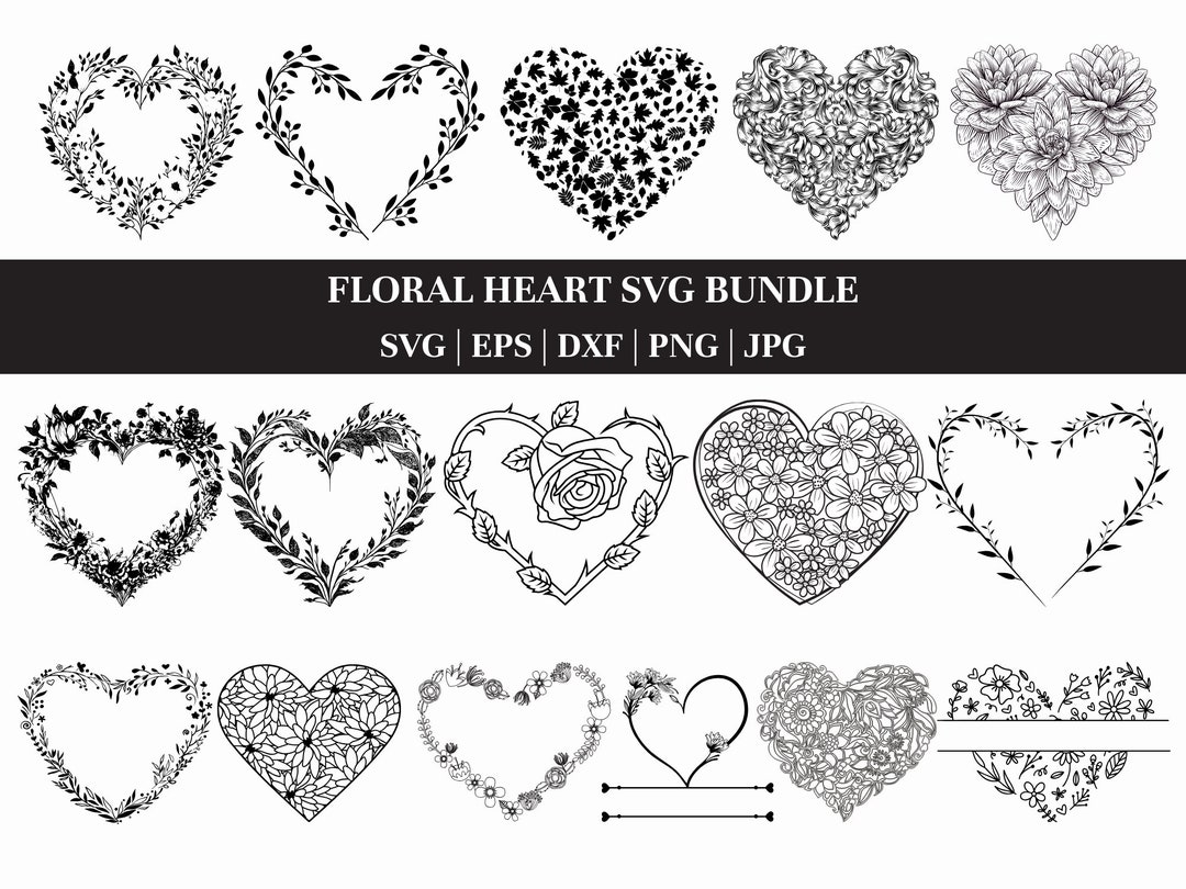 FLOWER HEART Svg BUNDLE Floral Frame Png Botanical Heart Border Svg ...