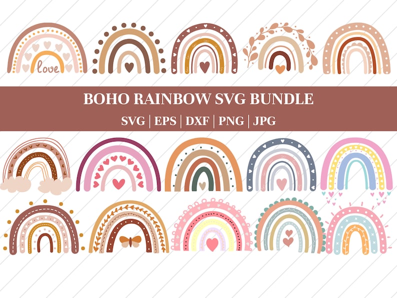 Arc-en-ciel svg, boho arc-en-ciel svg, mignon arc-en-ciel svg, arc-en-ciel svg bundle, arc-en-ciel clipart, arc-en-ciel pastel svg, fichiers svg pour cricut, silhouette image 1