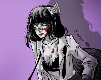 May include: Illustration of Doctor Yosano Akiko, a character from BSD, on photo glossy paper. The artwork features a woman in a white shirt, black tie, and skirt, with blood spatter. Text includes "Doctor Yosano Akiko" and "FanArt from BSD".