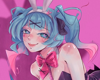 May include: A blue-haired anime character with bunny ears and a pink bow, peeking out of a pink background. The character is wearing a black and pink outfit with a white collar and a pink bow. The text "Patreon | @Cocoyori_Art" is visible in the upper right corner of the image.