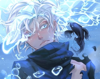 May include: A young person with white hair and blue eyes is surrounded by blue and white swirling patterns. The person is wearing a dark blue jacket and has a serious expression.