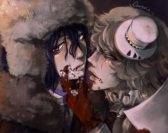 May include: A digital illustration of two men with bloody faces, one wearing a white hat and the other wearing a fur-lined hood. The text "Fyolai Print" and "Print on Photo Glossy Paper" is at the top of the image. The text "FanArt from BSD - Artwork by CocoYori." is at the bottom of the image.