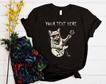 Personalized Rock Cat Playing Guitar T-shirt, Funny Playing Guitar Cat Shirt, Gift For Cat Lovers and Rock Lovers ,Concert T-shirt ,