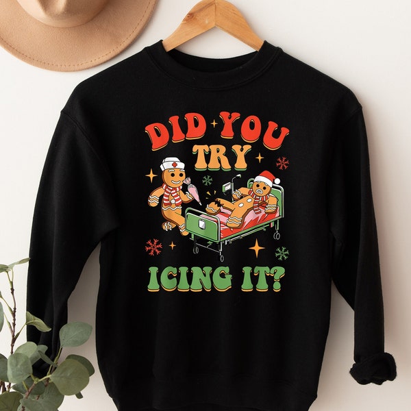 Try Icing It Funny Christmas Gingerbread Sweatshirt, Gingerbread Humor Sweatshirt, PT Physical Therapist Athletic Trainer Xmas Crewneck Tee