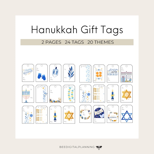 Hanukkah Gift Tags, Printable, 20 unique designs, Hanukkah themes, 1.7 x 2.5 inches each