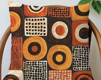 Retro Geometric Throw Pillow | Modern African Inspired Abstract Cushion Cover | Mid Century Boho Decor | 6 Sizes