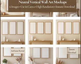 Neutral Vertical Wall Art Mockup Bundle | 2-Frame & 3-Frame Minimalist Interior Scenes