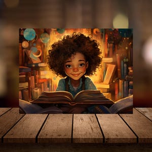 African American Girl Reading Art Print: Whimsical Children&#39;s Room Decor