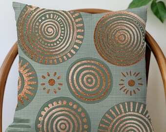 African Copper Circle Throw Pillow | Modern Tribal Geometric Accent Cushion | Sage Green Boho Decor | 6 Sizes