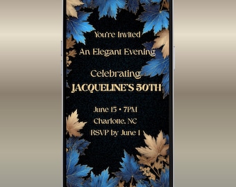 Elegant 50th Birthday Video Invitation, Gold Blue Floral, Canva E-Invite (Instant Download)