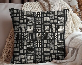 Hand-Drawn Mudcloth Pattern Pillow | Square Throw Pillow | 4 Sizes