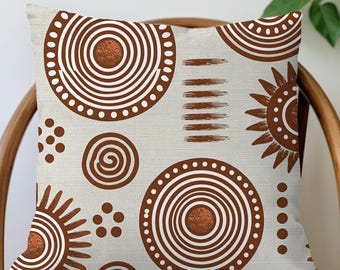 African Inspired Copper Circle Throw Pillow | Modern Tribal Linen Look Accent Cushion | 6 Sizes