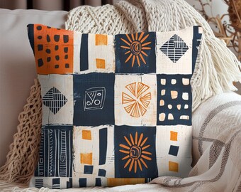 Boho Geometric Patchwork Orange Black Cream Pillow Spun Polyester Square Pillow, 4 Sizes