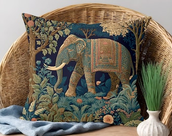 Vintage Elephant Tapestry Inspired Pillow, Printed Textile Design, Decorative Square Pillow, Boho Jungle Accent, 4 Sizes