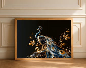 Blue and Gold Peacock Wall Art, Elegant Celestial Chinoiserie Satin Poster Print, Luxury Peacock Home Decor, 5 Sizes
