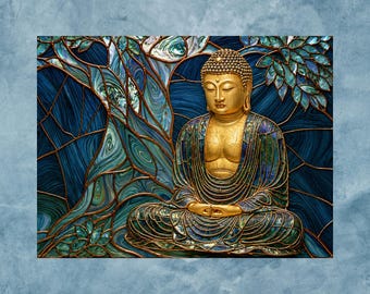 Stained Glass Inspired Buddha Satin Poster Print, Teal & Gold Meditation Wall Art, Spiritual Zen Decor, 5 Sizes