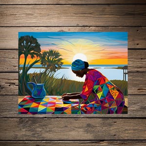 May include: A painting showing a person in a colourful geometric patterned dress and headscarf, seated at a table with a vibrant geometric design. A blue jug with a floral design sits on the table, with a sunset and water in the background.
