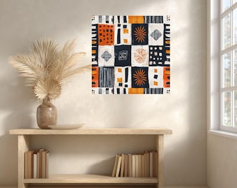 Modern Mudcloth Peel & Stick Wall Art • Orange Black Geometric Pattern • 20x20, 12x12 African Inspired Print