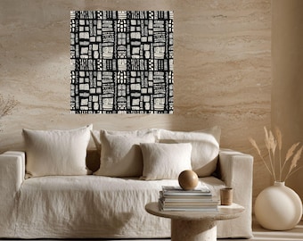 Mudcloth Peel and Stick Wall Art • Black Tribal Geometric Pattern • Removable Boho Decor