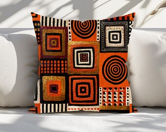 African Mudcloth Inspired Throw Pillow, Tribal Geometric Pillow, Earth Tone Home Decor, 6 Sizes