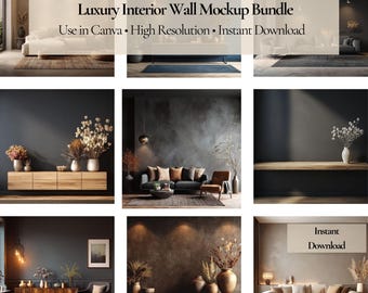 Könnte beinhalten: Eine Sammlung von Innenwand-Mockup-Bildern, die verschiedene Wohnzimmer- und Ausstellungssettings zeigen. Die Bilder zeigen neutrale Farbpaletten, moderne Möbel und dekorative Elemente. Der Text auf dem Bild lautet "Luxury Interior Wall Mockup Bundle" und "Instant Download."