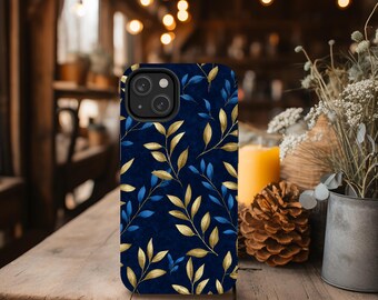 Gold & Navy Botanical Phone Tough Case, For Models iPhone 11-17, Samsung Galaxy S21-S25