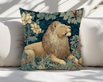 Regal Lion Illustration Pillow | Vintage Wm Morris Inspired Botanical Lion Decorative Pillow, 4 Sizes