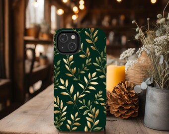 Dark Green Gold Leaf Phone Case, Botanical Nature Pattern, iPhone Samsung Protection