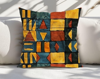 Afrocentric Geometric Tribal Pattern Spun Polyester Square Pillow | Gold Teal Rust Boho Accent