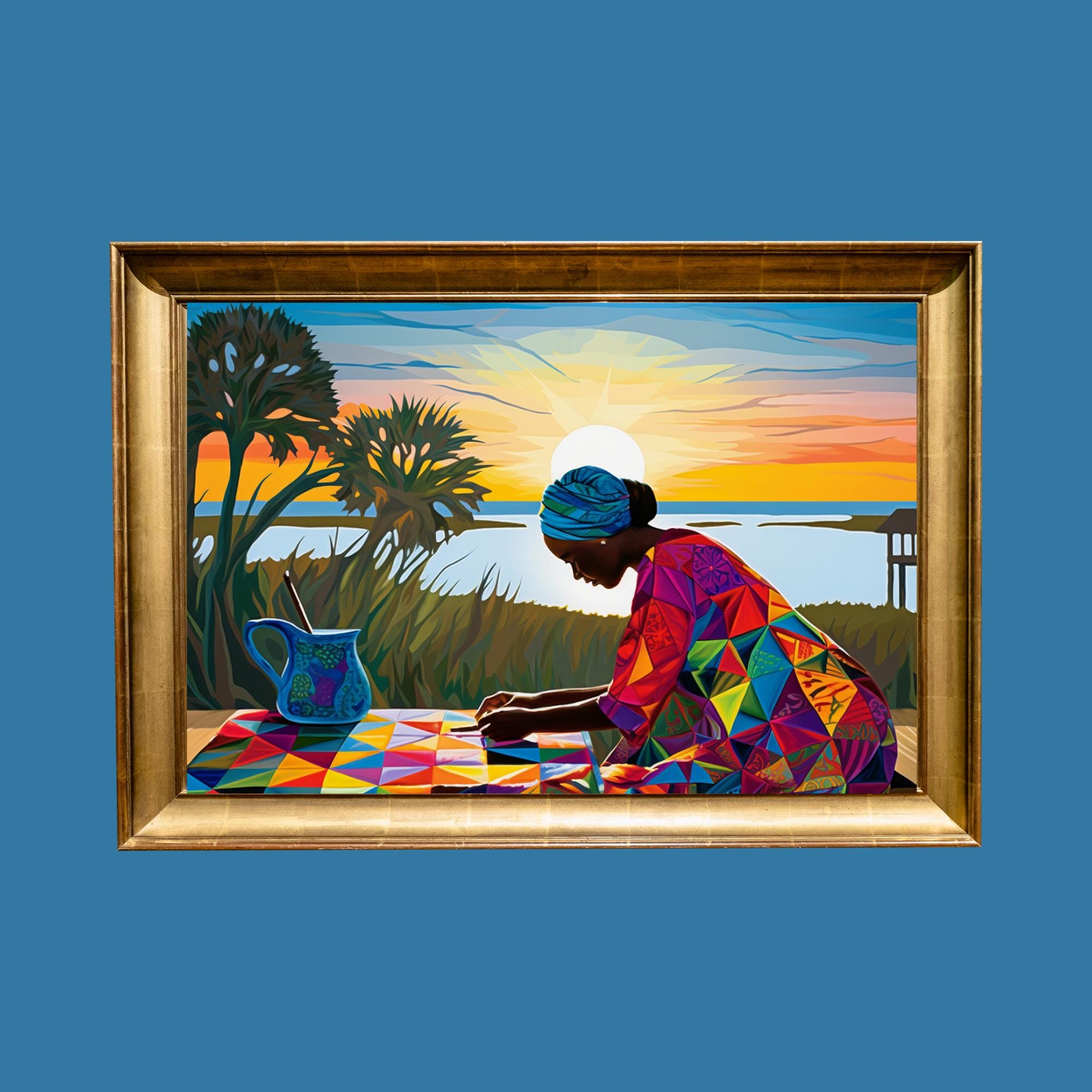 Gullah Geechee Quilting at Sunrise | Coastal Folk Art Satin Poster ...